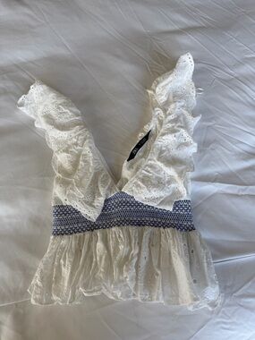 Zara White Eyelet Ruffle Tank with Blue Smocked Waist